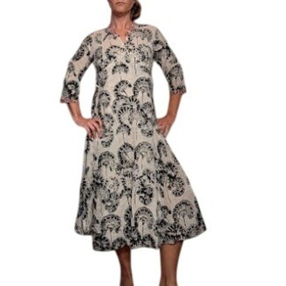 Knowmad Shop Handmade Cotton Wrap Dress Black Cream Block Print Floral Boho S/M